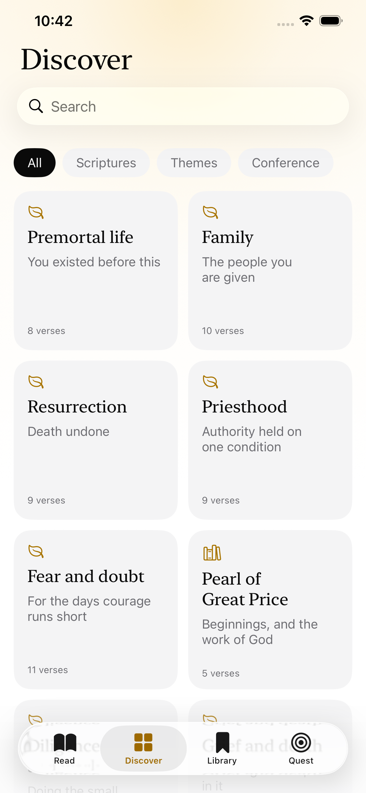 Discover tab with themed collections