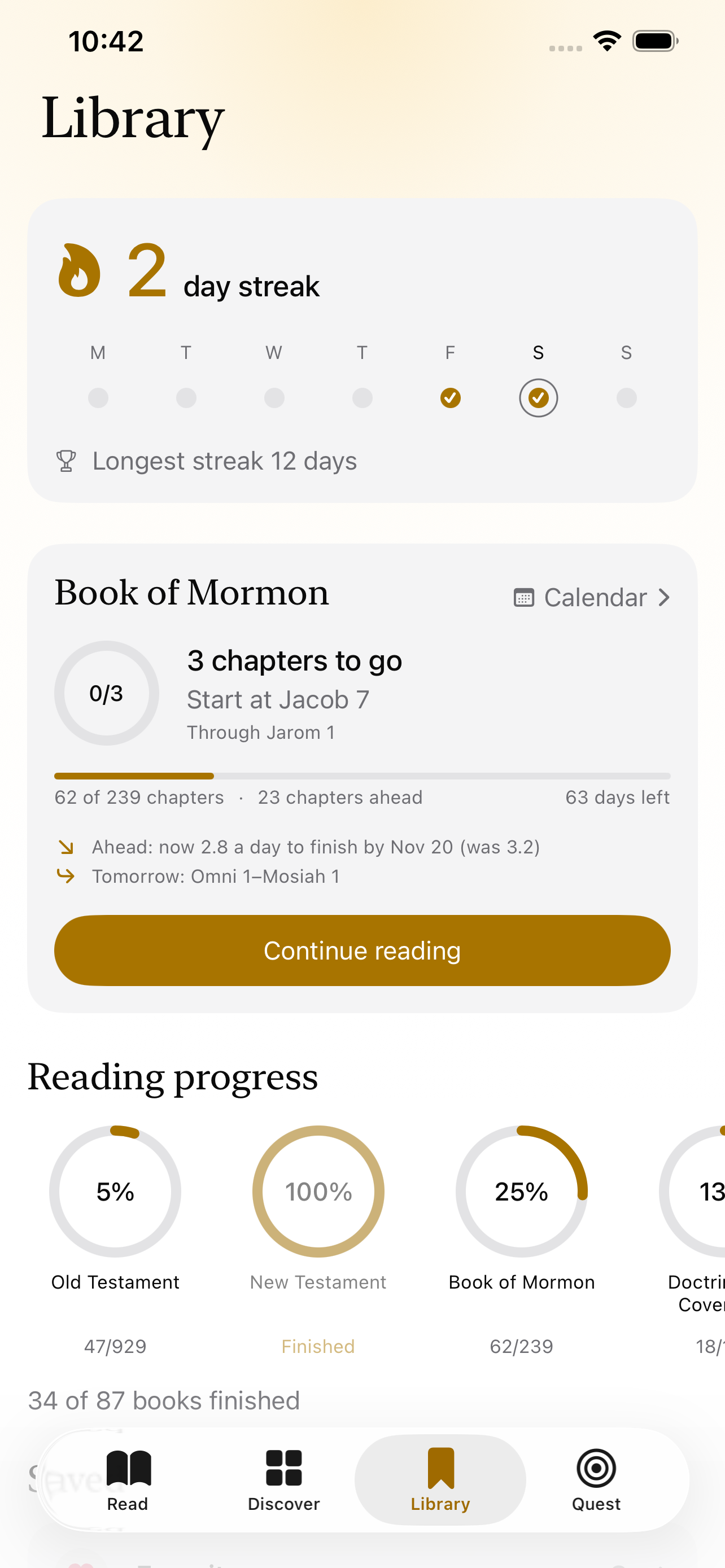 Library tab with streak, reading plan and progress rings