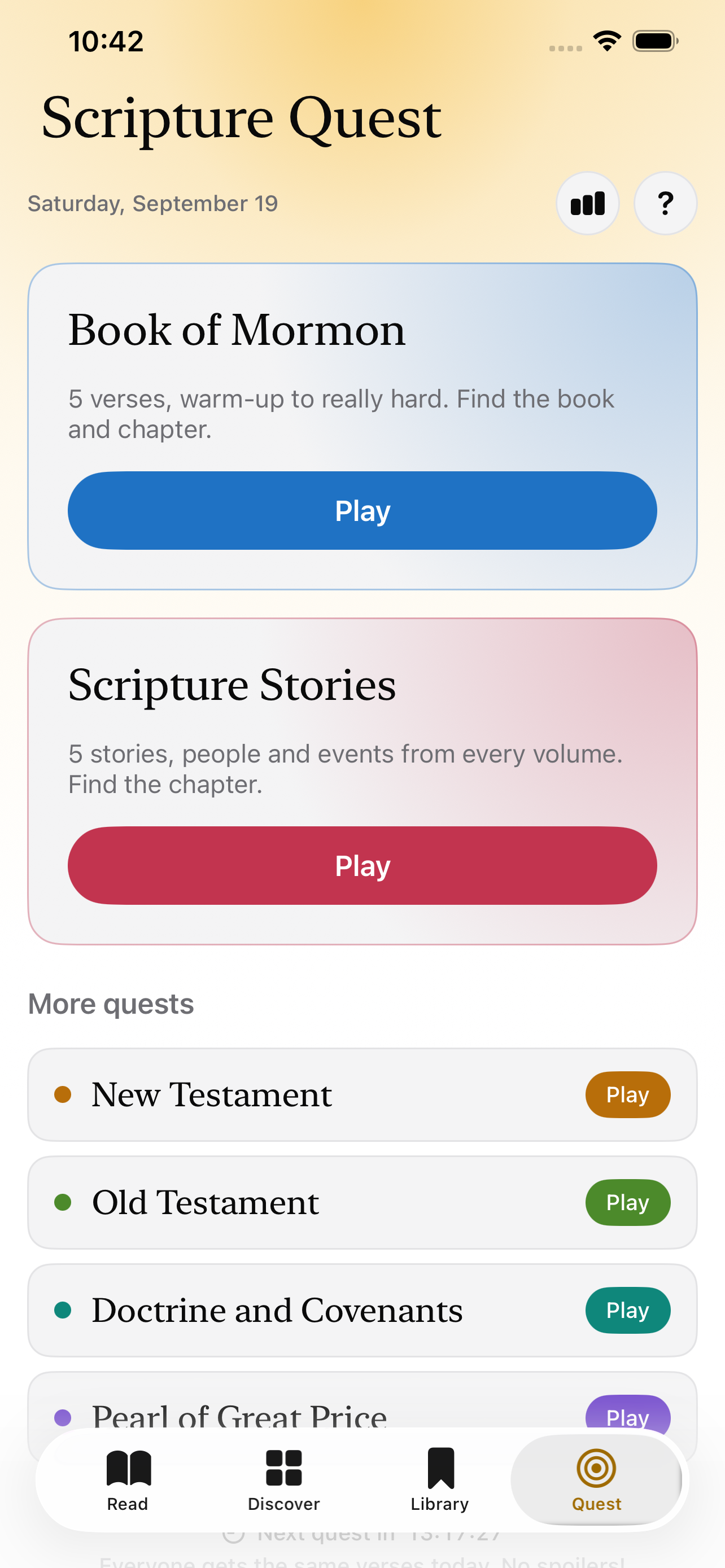 Scripture Quest home with today's quests