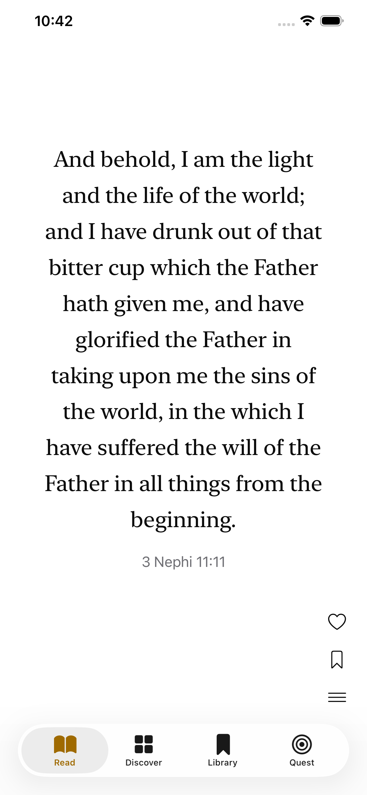 HopeScroll reading view with 3 Nephi 11:11 filling the screen