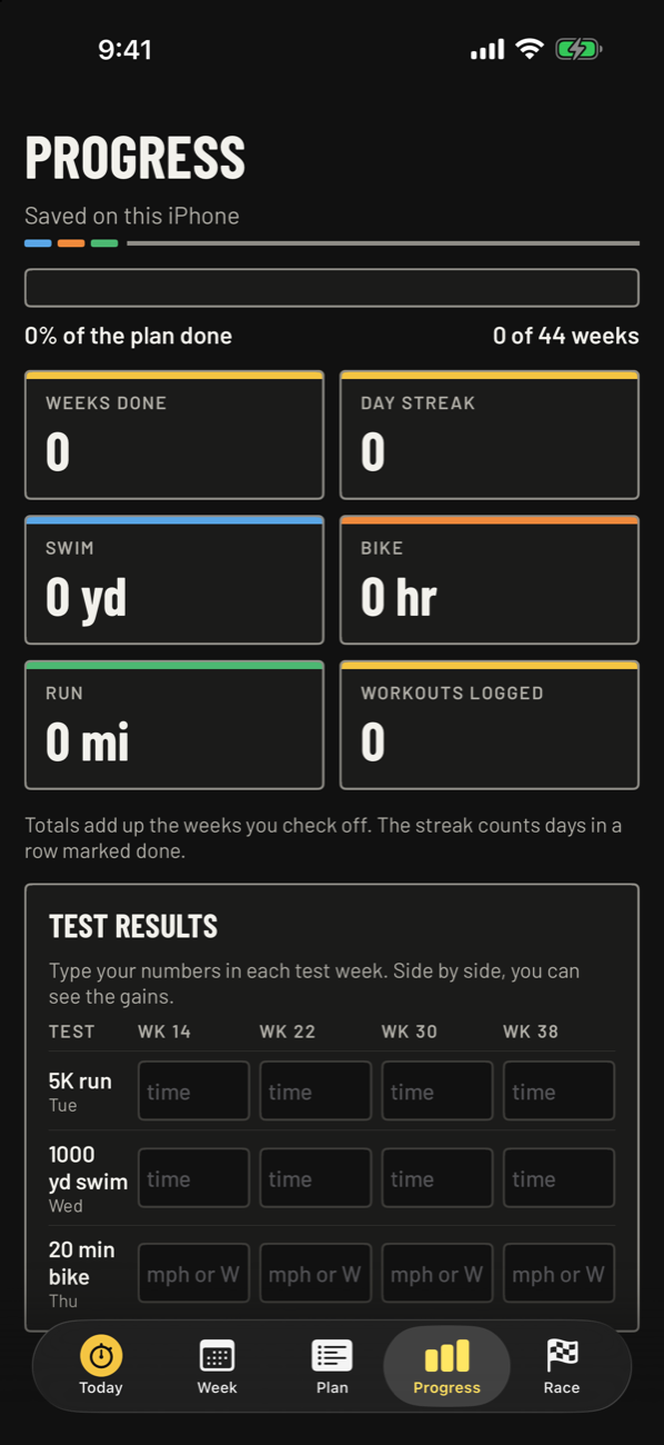 Progress screen with weeks done, day streak, swim, bike, and run totals, and a test results grid