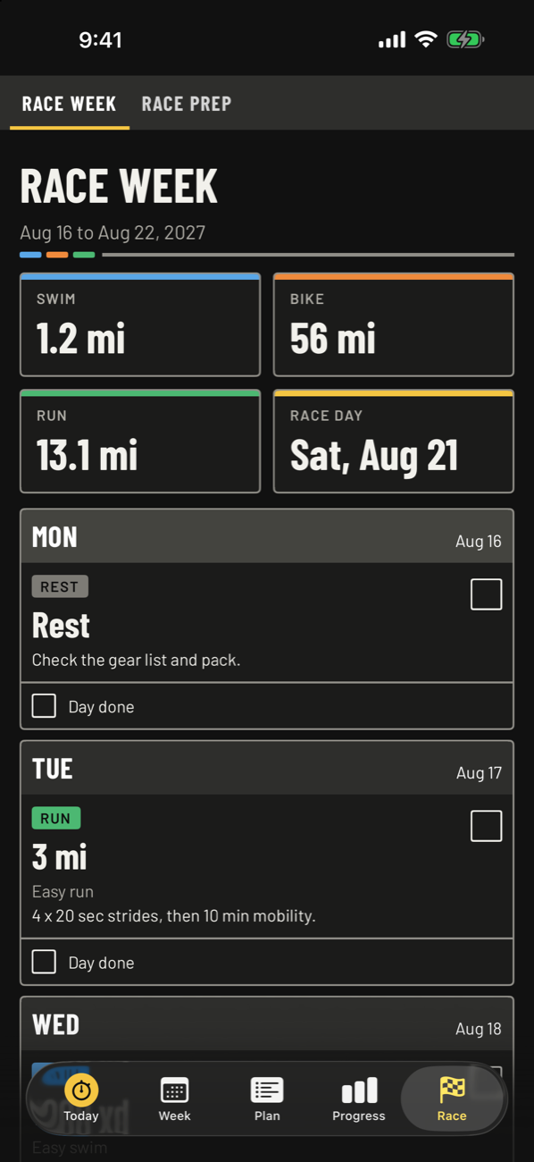 Race week screen showing race distances, race day, and the days leading up to it