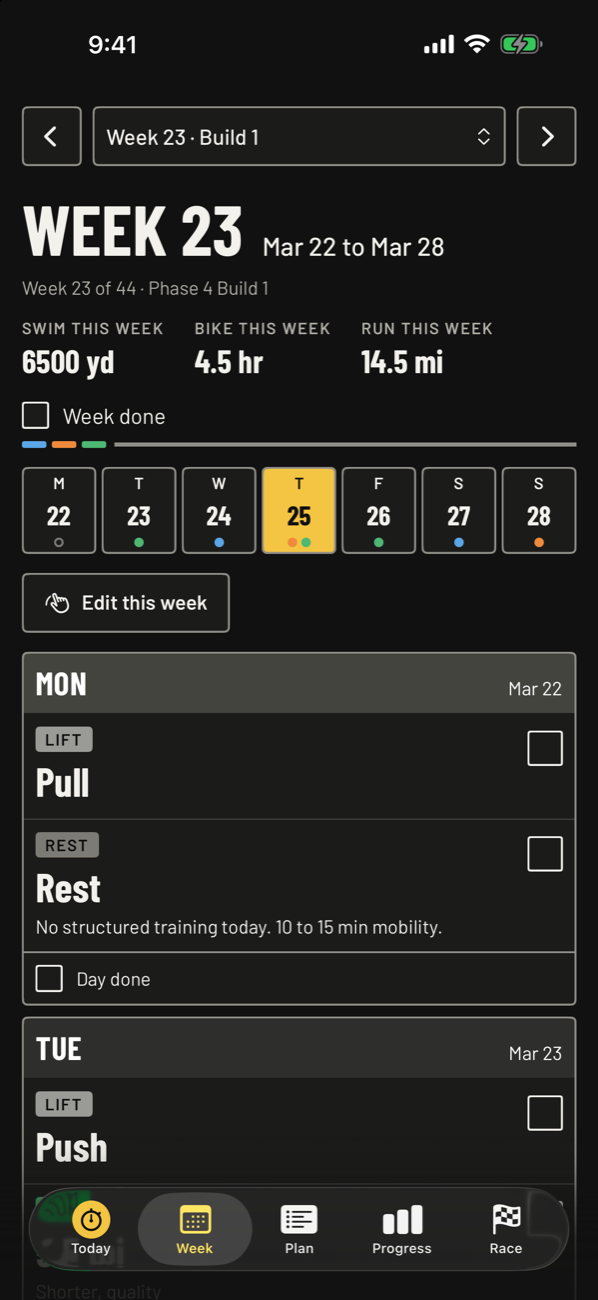 Week 23 view with swim, bike, and run totals, a Monday to Sunday strip, and day cards