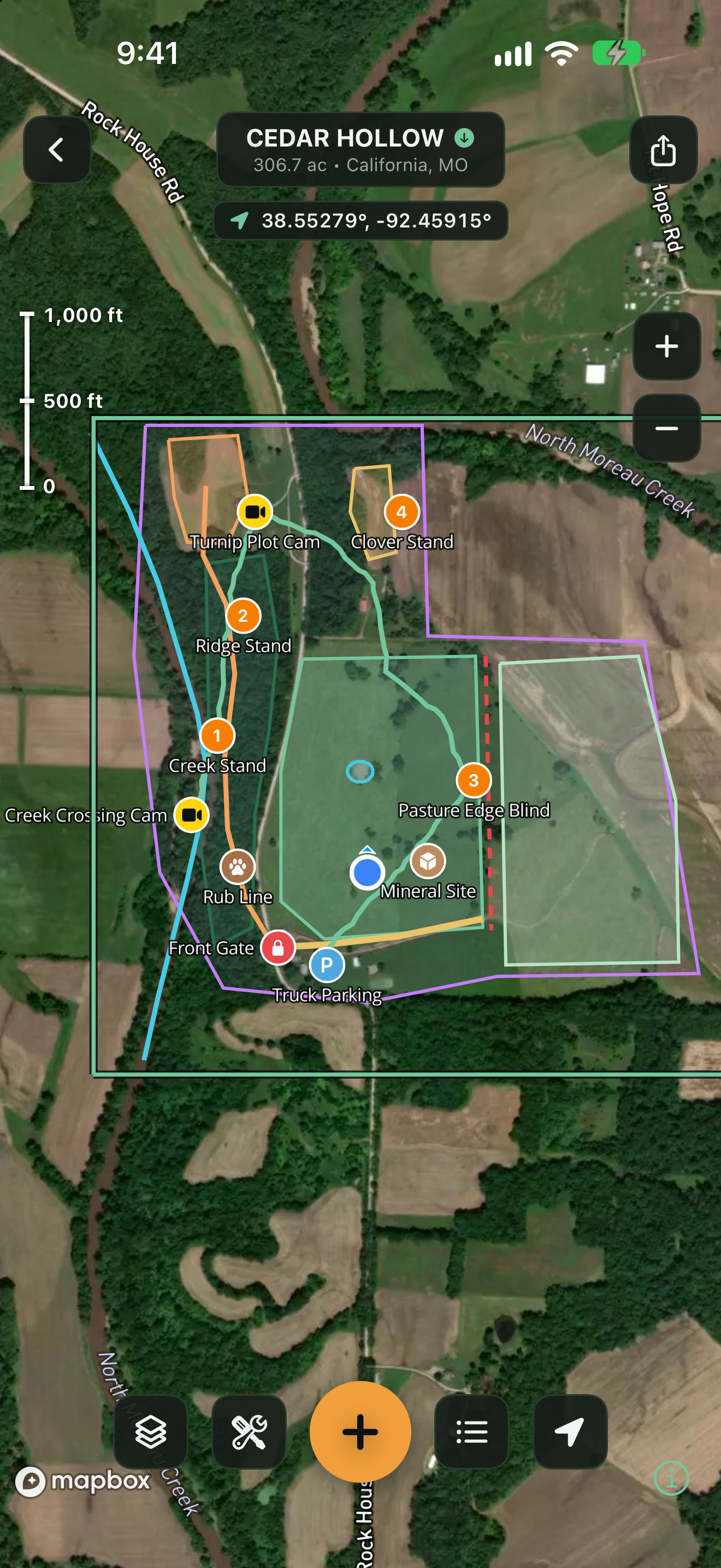 TerraMarker satellite map with waypoints, trails, and field boundaries