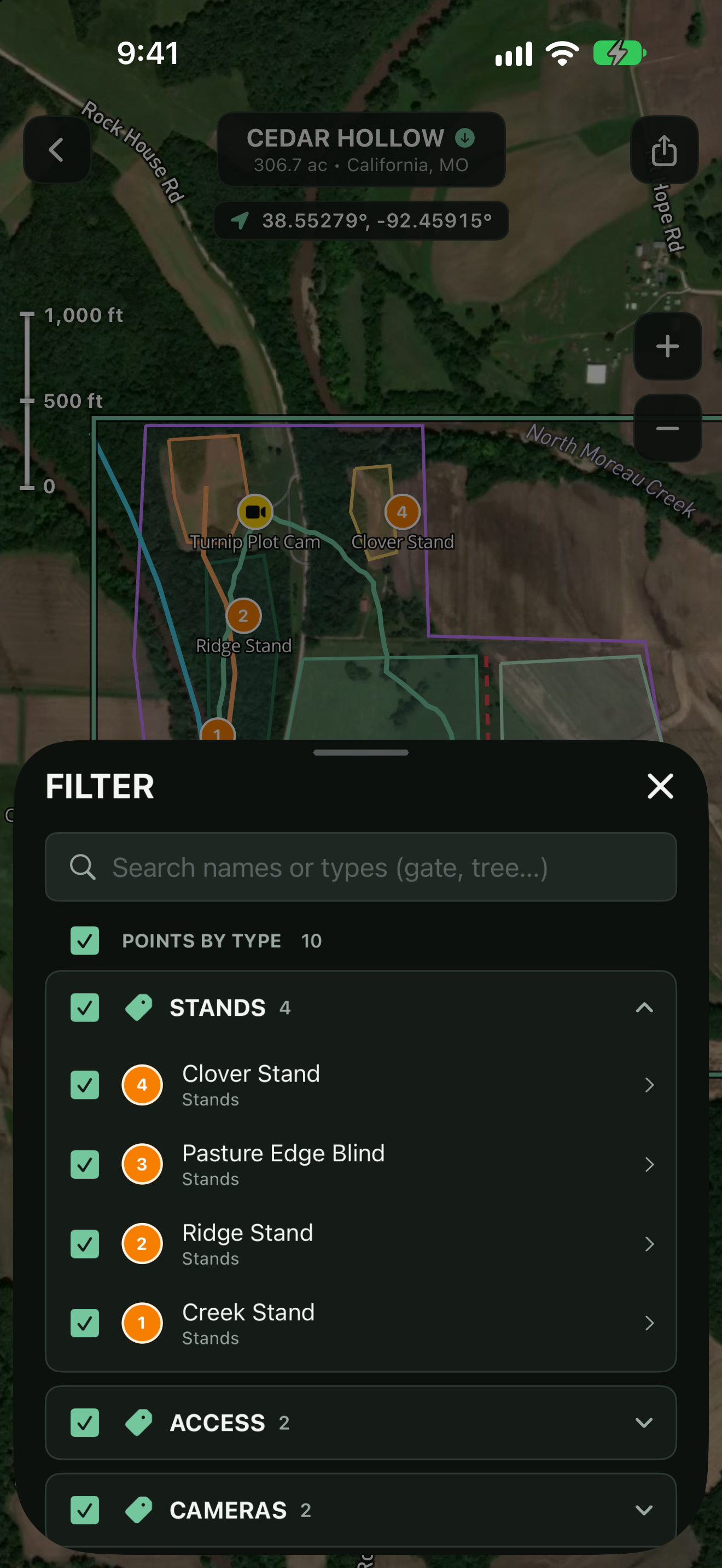 TerraMarker filter panel grouping markers by type