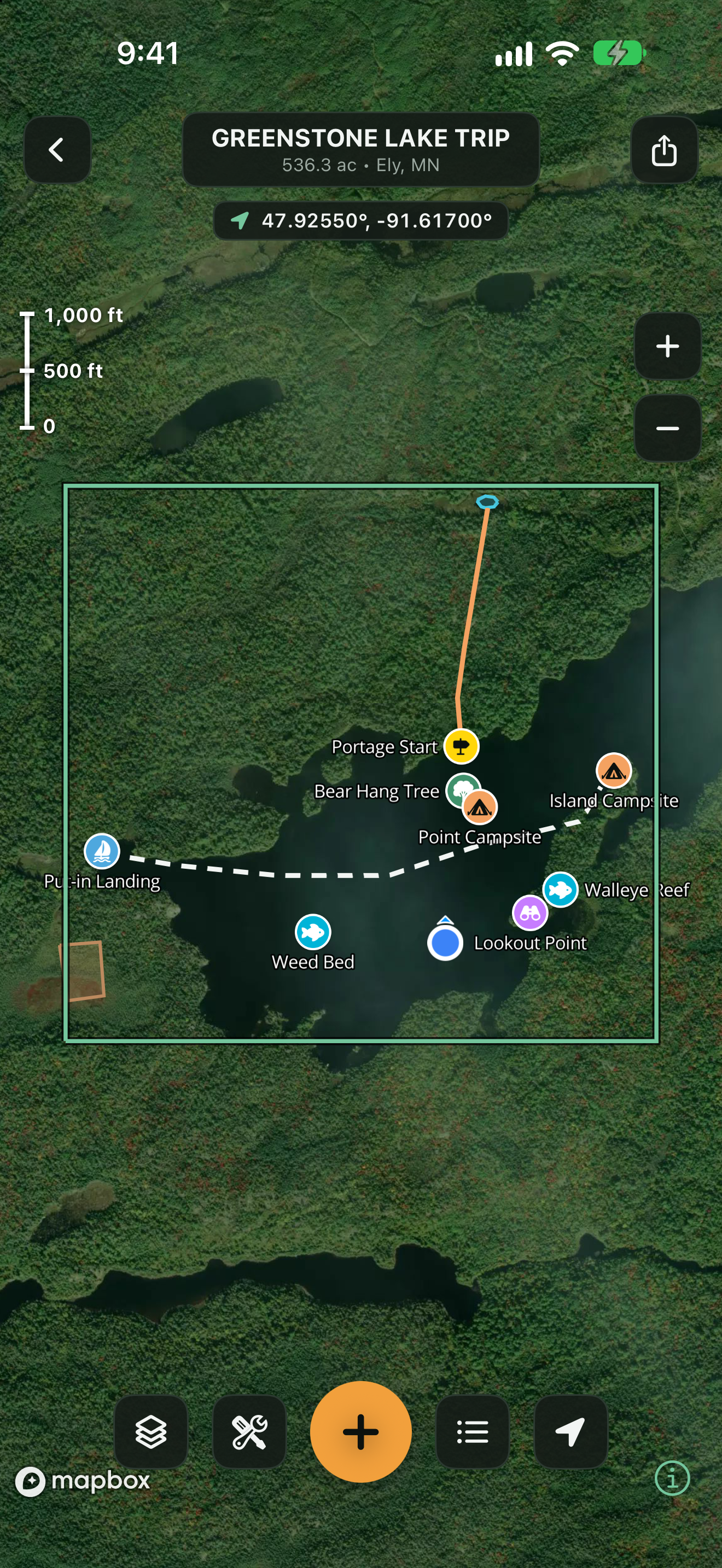 TerraMarker lake trip map with campsites and a portage route