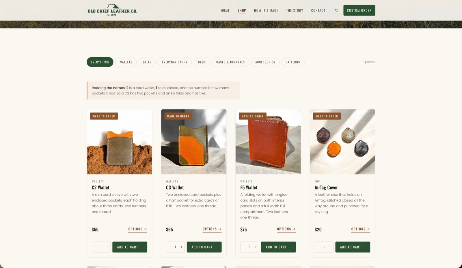 Old Chief Leather Co. shop page with category filters